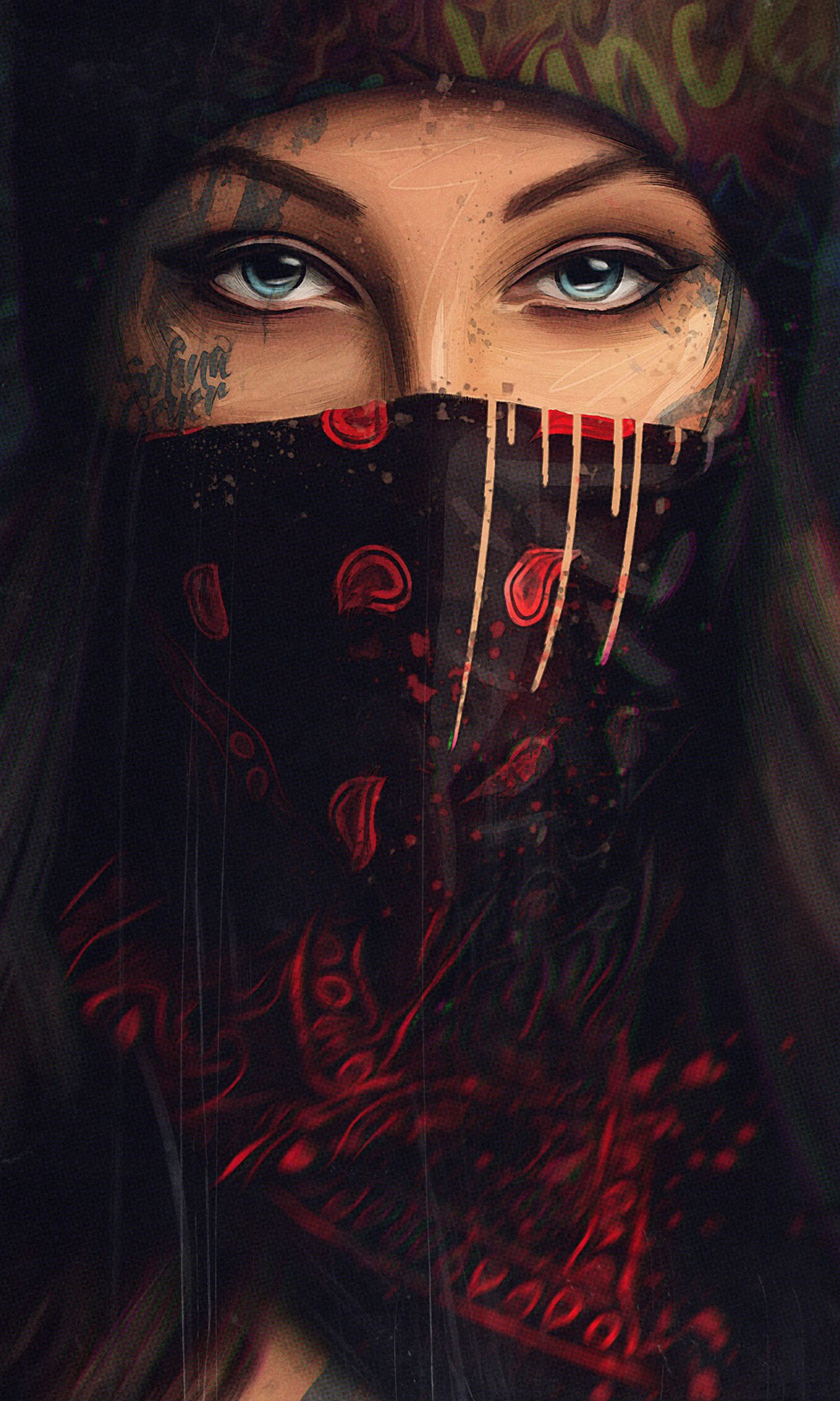 Pintura de uma mulher com uma bandana cobrindo o rosto (meninas, papel de parede)