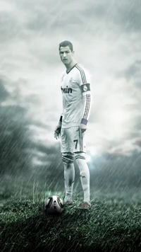 Cristiano Ronaldo in Real Madrid kit, standing confidently in the rain with a soccer ball at his feet.