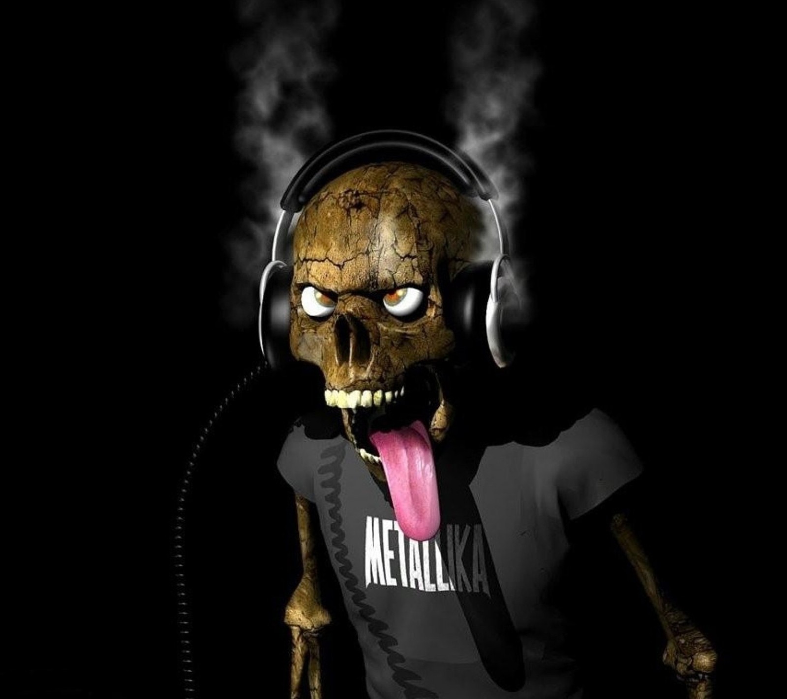 Arafed skeleton with headphones and tongue sticking out of mouth (black, funny, skull)