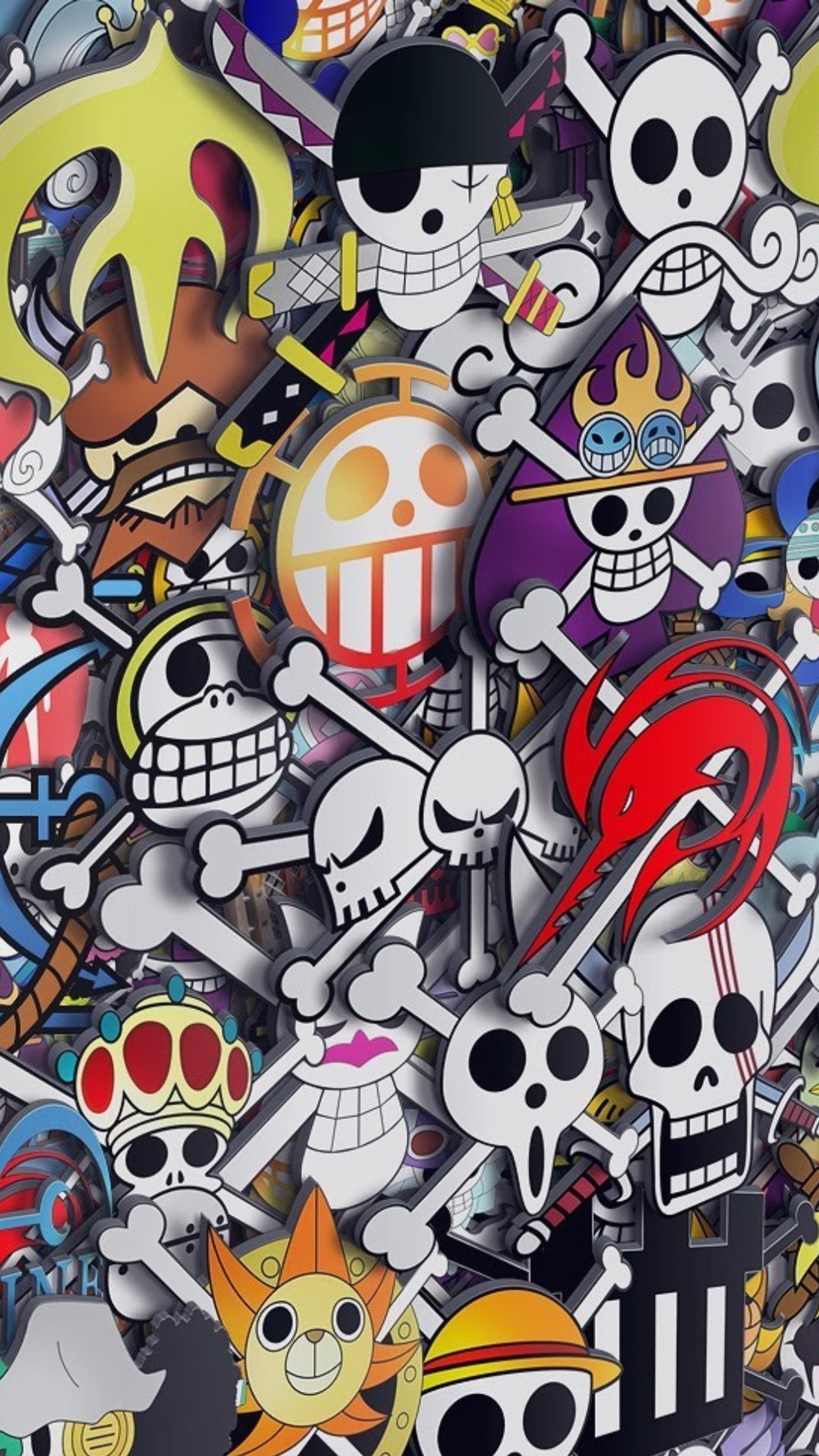 Hay muchos stickers diferentes de diferentes personajes en una pared (manga, one piece, calaveras)