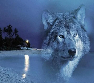 Eine ruhige blaue Nachtlandschaft mit einem majestätischen Wolf, der harmonisch mit einem ruhigen Strand und subtilen Küstenlichtern verschmilzt.