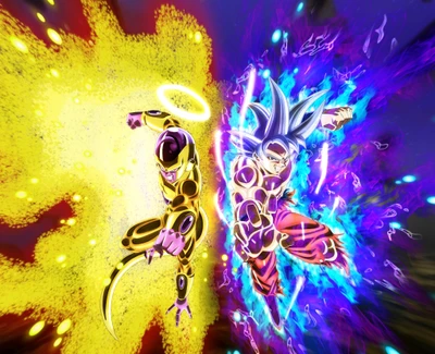 Batalha épica: Goku vs. Freeza dourado em confronto de fantasia de anime