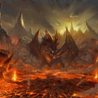 A fierce dragon looms over a fiery landscape, surrounded by flowing lava and jagged rock formations.