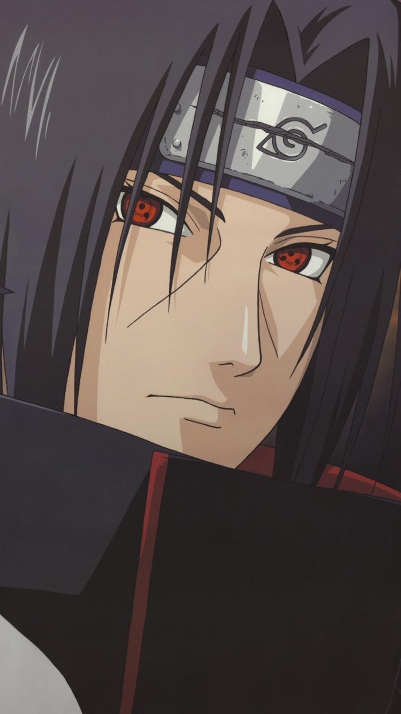 A close up of a person with a black hair and red eyes (anime, itachi, naruto, naruto shippuden)