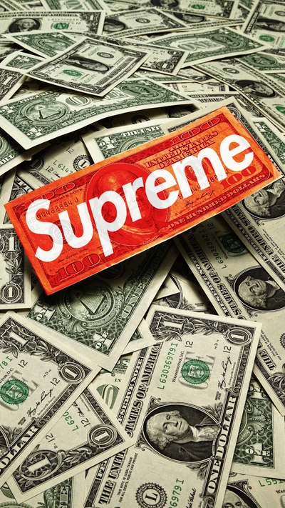 Supreme-Marke Overlay auf einem Stapel Dollar-Scheine