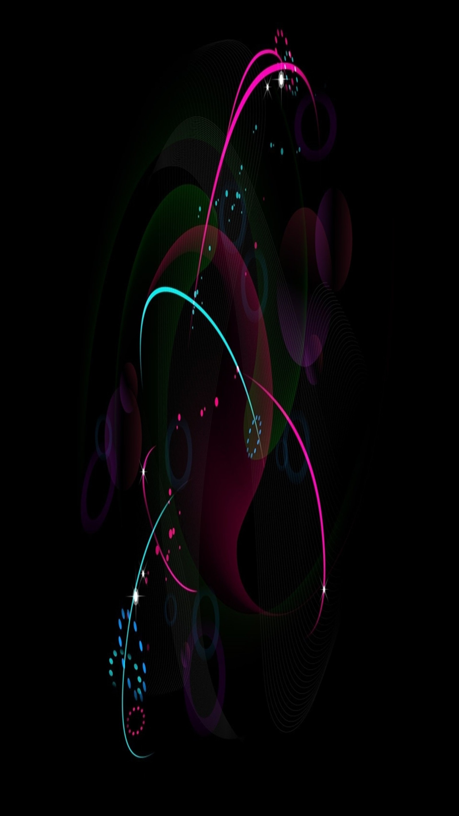 Abstract background with glowing circles and stars in the dark (abstract, background, black, colors, cool)