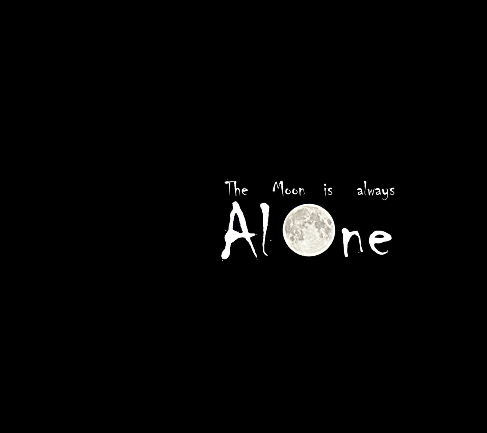 A close up of a black background with a white moon and the words alone (line, true, wallpapers)