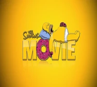 Homer Simpson, der mit Donuts entspannt, mit dem Titel "Der Simpsons Film" vor einem hellgelben Hintergrund.