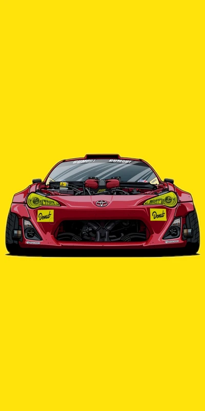 Toyota GT86 em vermelho marcante com um fundo amarelo ousado, mostrando sua postura de drift e melhorias de desempenho.