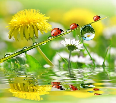 Coccinelles sur l'herbe embrassée par la rosée au printemps