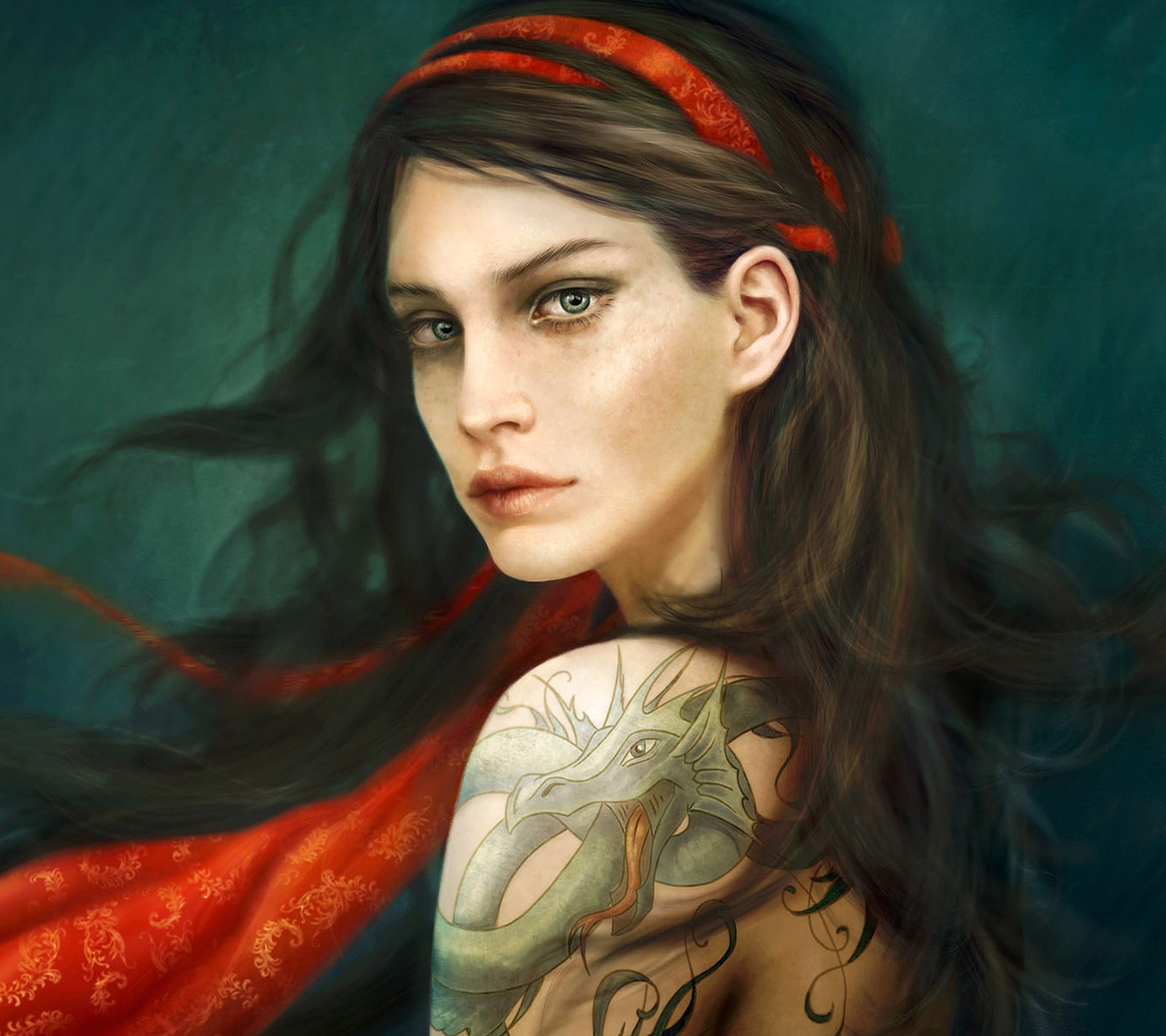 Lade drache, gezeichnet, tattoos girl Hintergrund herunter