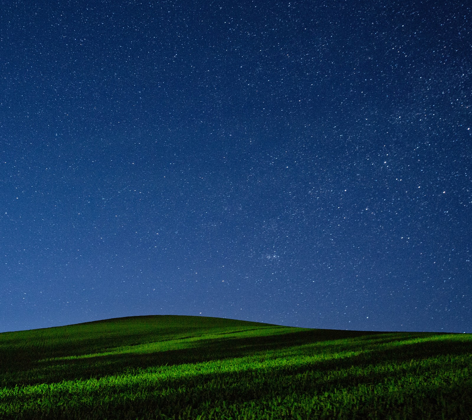 Céu estrelado sobre um campo verde com uma árvore solitária (azul, escuro, campo, galáxia, grama)