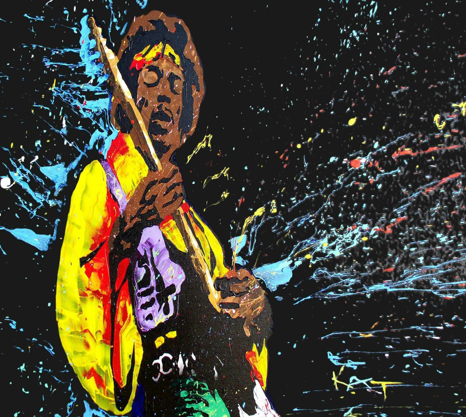 Peinture d'un homme avec une guitare à la main (abej, beograd, jimi hendrix)