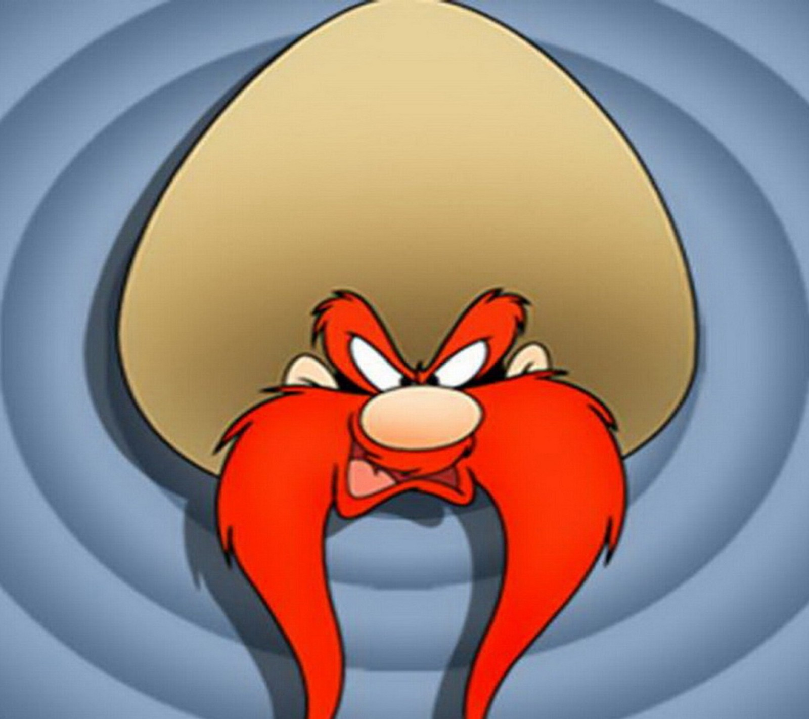 Primer plano de un personaje de dibujos animados con un gran sombrero (caricatura, yosemite sam)