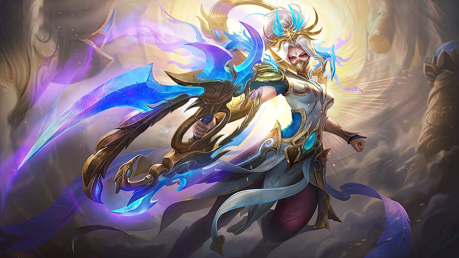 Une femme avec une épée et une robe bleue dans une pièce sombre (hanabi, phoenix de riverland, mobile legends, bang bang, mlbb)