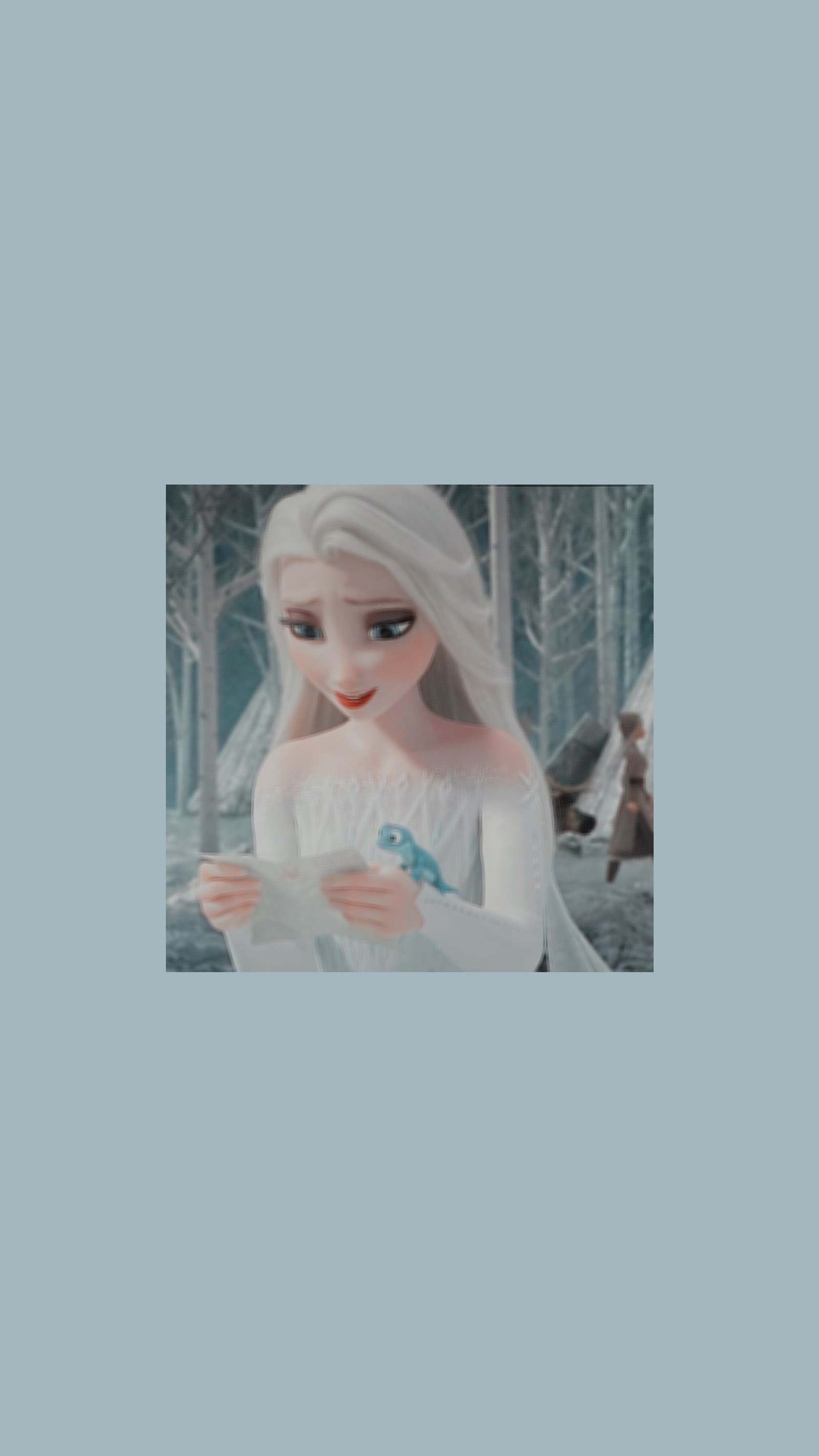 A close up of a person in a dress holding a cell phone (aesthetic, blue, cold, elsa, frozen)