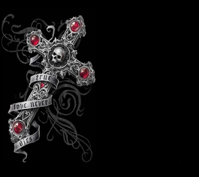 Gothic Cross with Skull and Ruby Accents: "True Love Never Dies