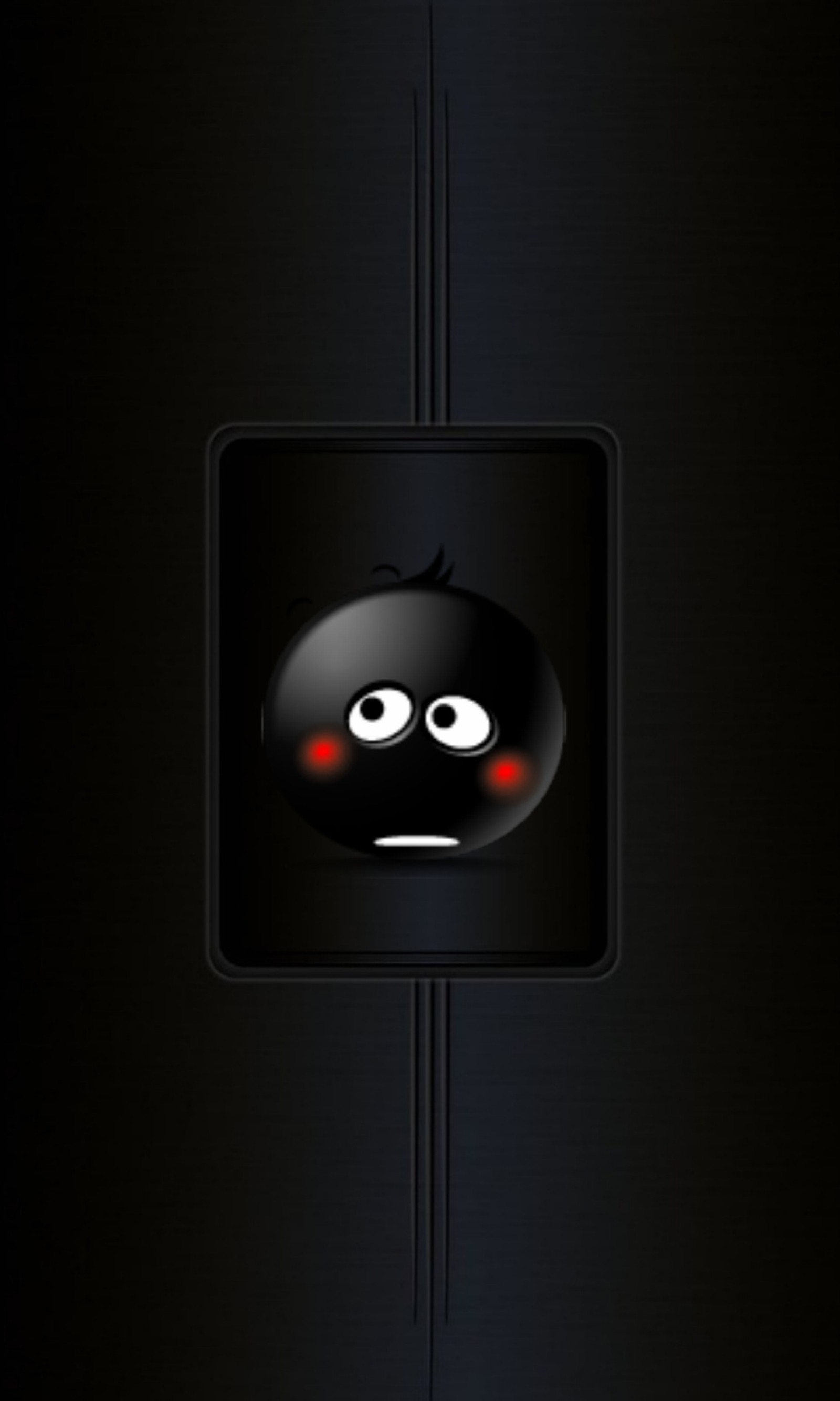 A close up of a black refrigerator with a black face on it (abstract, black, emoticon, logos)