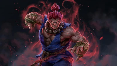 Akuma aus Street Fighter: Starke Pose mit feuriger Aura