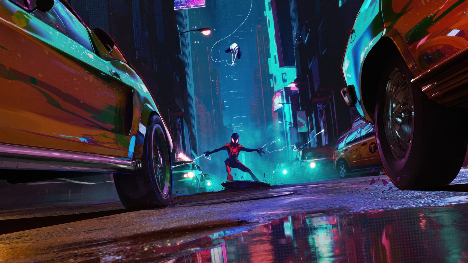 Spider-man dans la ville avec des lumières au néon et une voiture (spider man à travers le spider verse, spider man across the spider verse, film, spiderman, marvel)