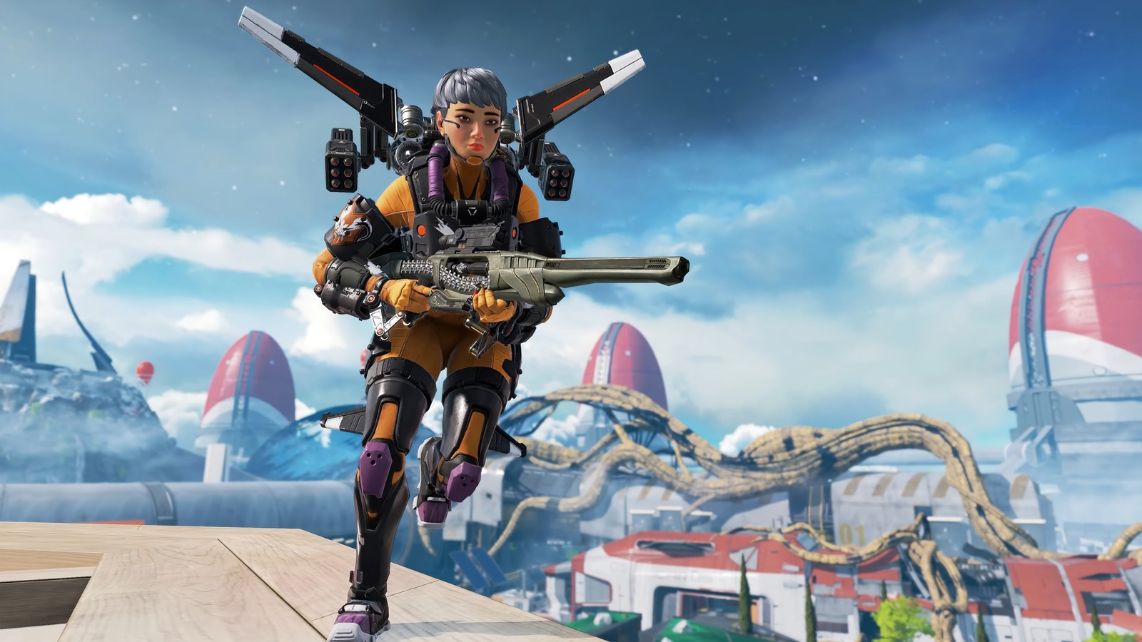 Un homme en costume tenant une arme et un fusil (apex legends, jeu vidéo, valkyrie)