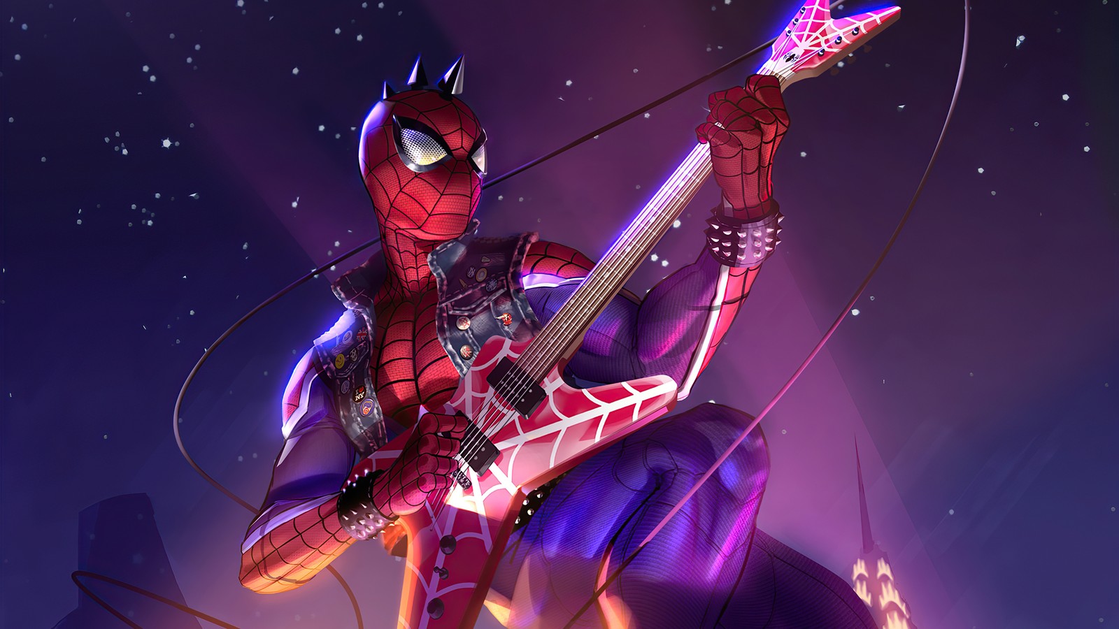 Spider-man jouant de la guitare dans le ciel nocturne avec une lumière brillante (spider punk, spider man, marvel comics, super héros, bandes dessinées)