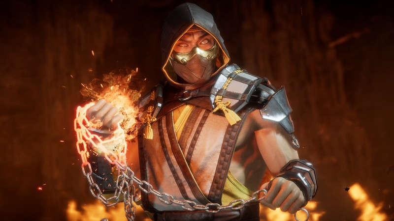 Мужчина в костюме скорпиона держит огненный шар (скорпион, mortal kombat 11, видеоигра)