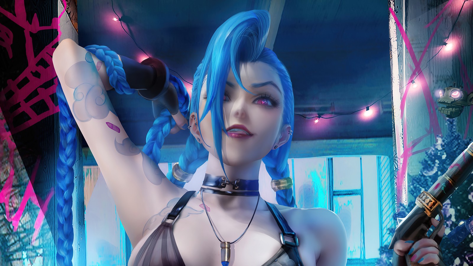 A close up of a woman with blue hair holding a gun (jinx, arcane, netflix, tv series, arcane series)