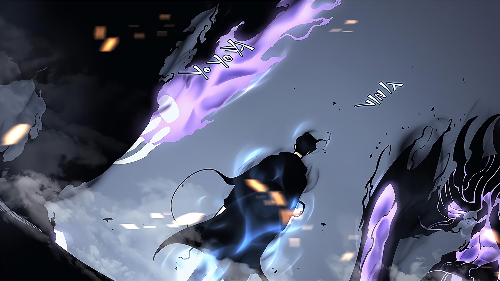 Anime scene of a man in a black coat and a purple demon (solo leveling, manhwa, anime, shadow)