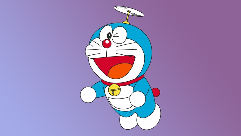 Персонаж мультфильма с летающим диском над головой (дораэмон, doraemon, минималистичный, фиолетовый фон, мультфильм)