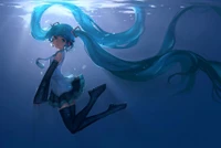 hatsune miku, vocaloid, azul, água, subaquático