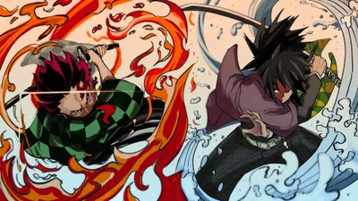 Epic Duel of Tanjiro Kamado and Giyu Tomioka Amidst Fiery and Watery Elements