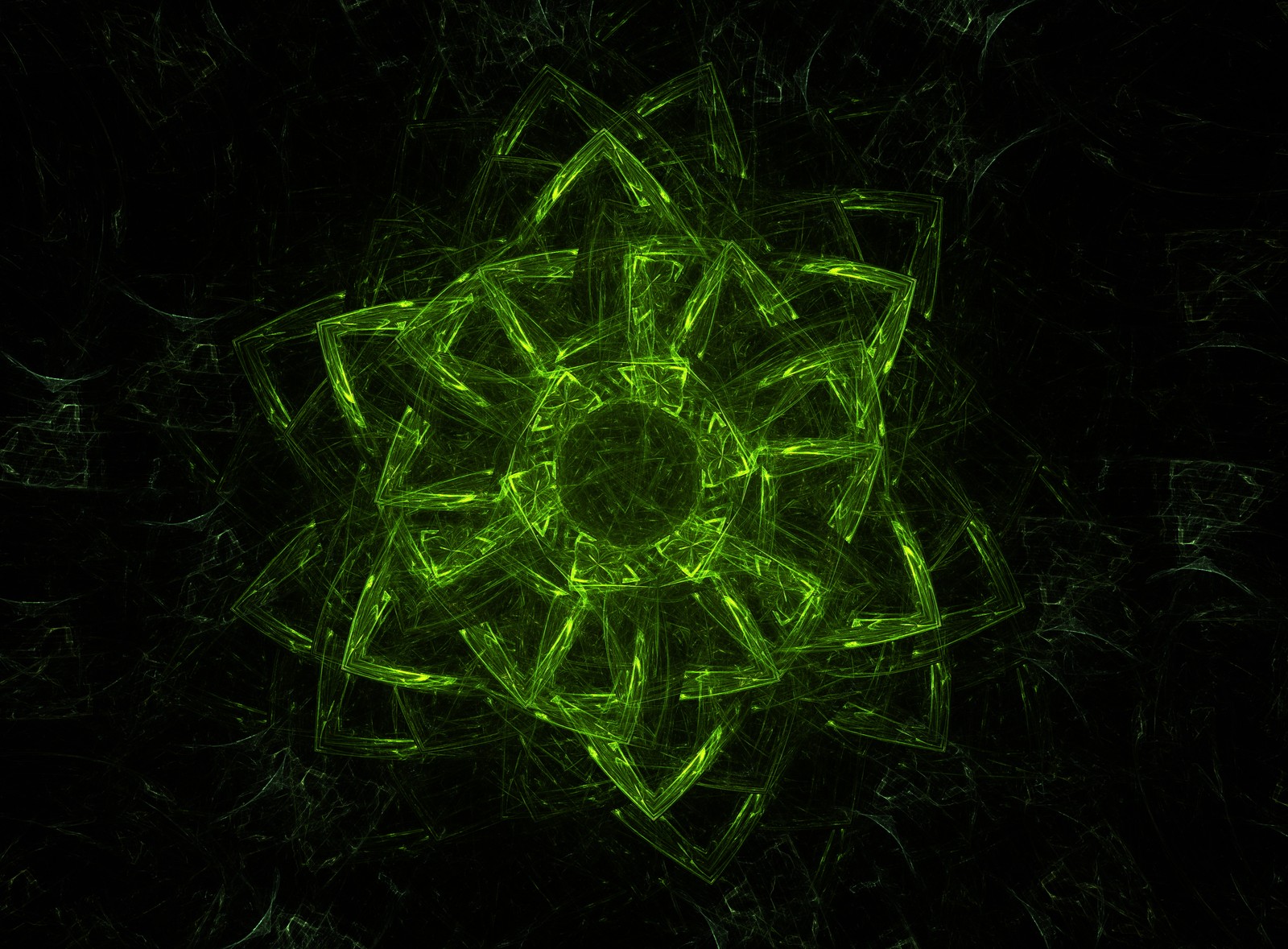 A green abstract flower on a black background (fractal art, green, pattern, design, art)