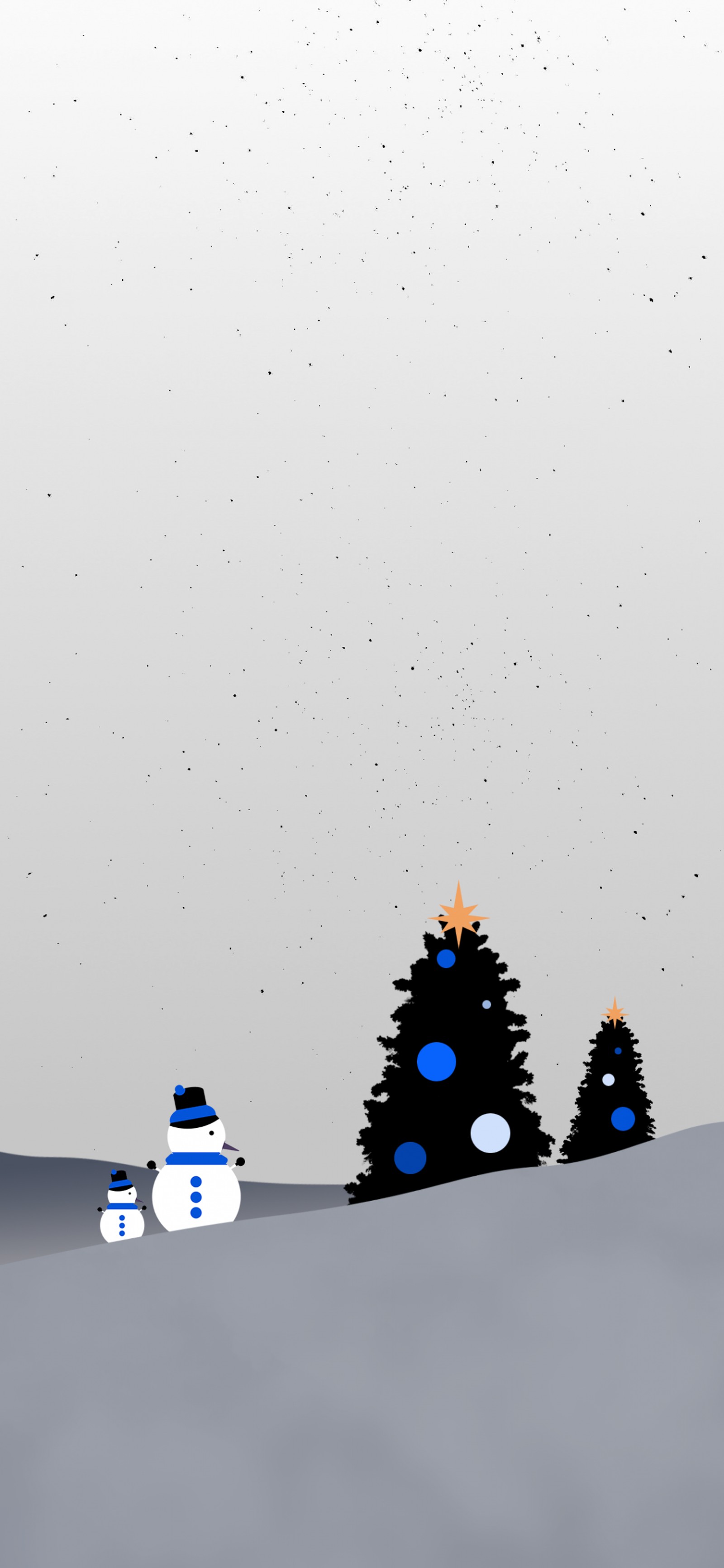 There are three snowmen standing in front of a christmas tree (christmas day, holiday, liquid, rectangle, evergreen)