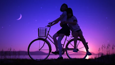 Two Students in School Uniform Riding a Bike Under a Starry Sky