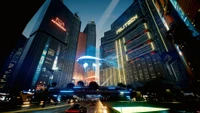 Futuristic Metropolis at Night: Skyscrapers and Neon Lights Illuminate the Urban Landscape