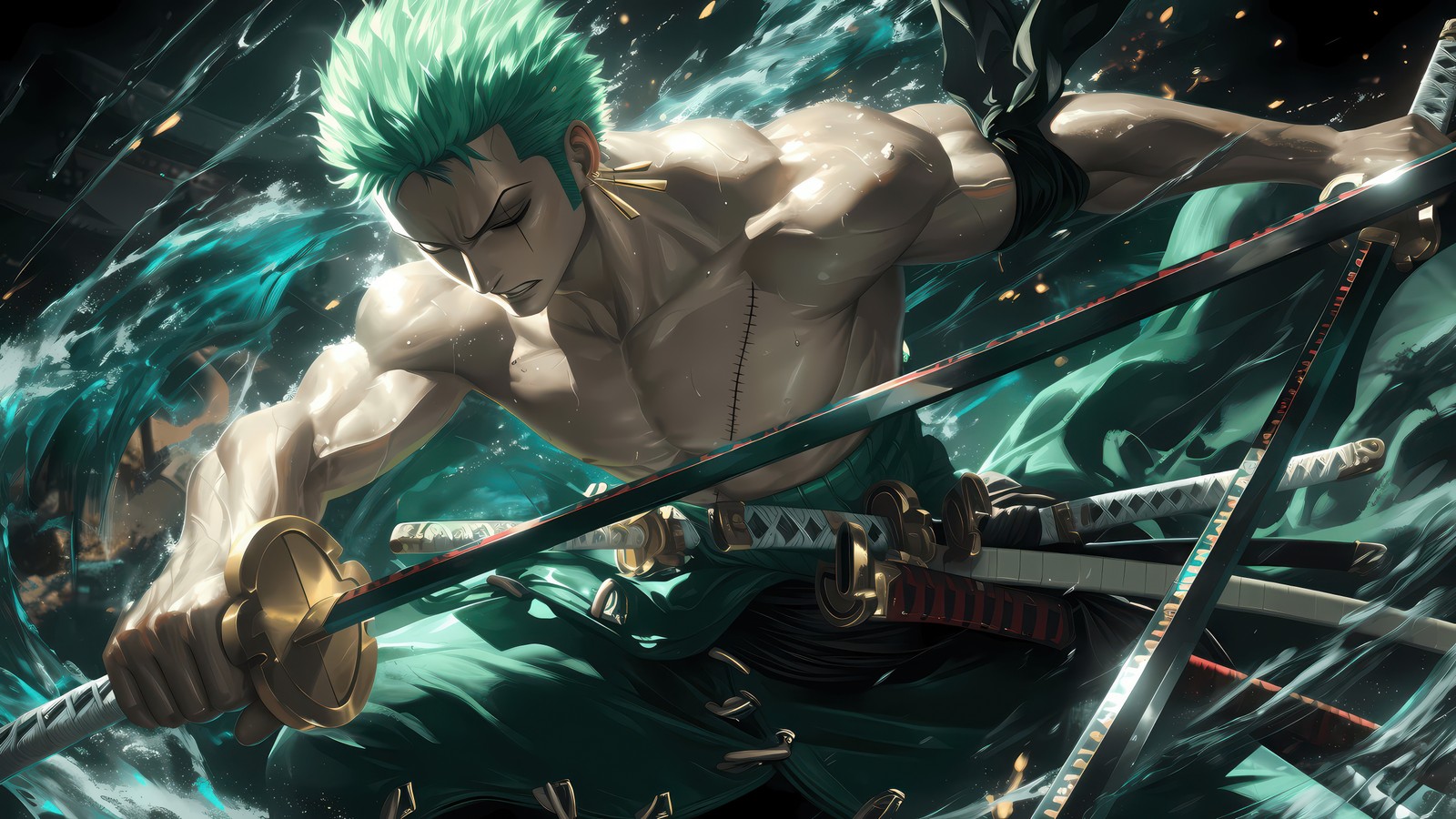 Ein mann mit grünen haaren hält ein schwert vor einem feuer (roronoa zoro, musculös, mächtig, heftig, one piece)