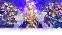 Uma cena dinâmica apresentando personagens-chave de "Sword Art Online: Alicization", incluindo Alice Zuberg em armadura dourada, cercada por aliados e adversários, contra um fundo roxo hipnotizante.