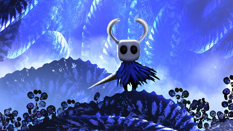 Крупный план мультяшного персонажа, стоящего на холме (пустошь, hollow knight, видеоигра)