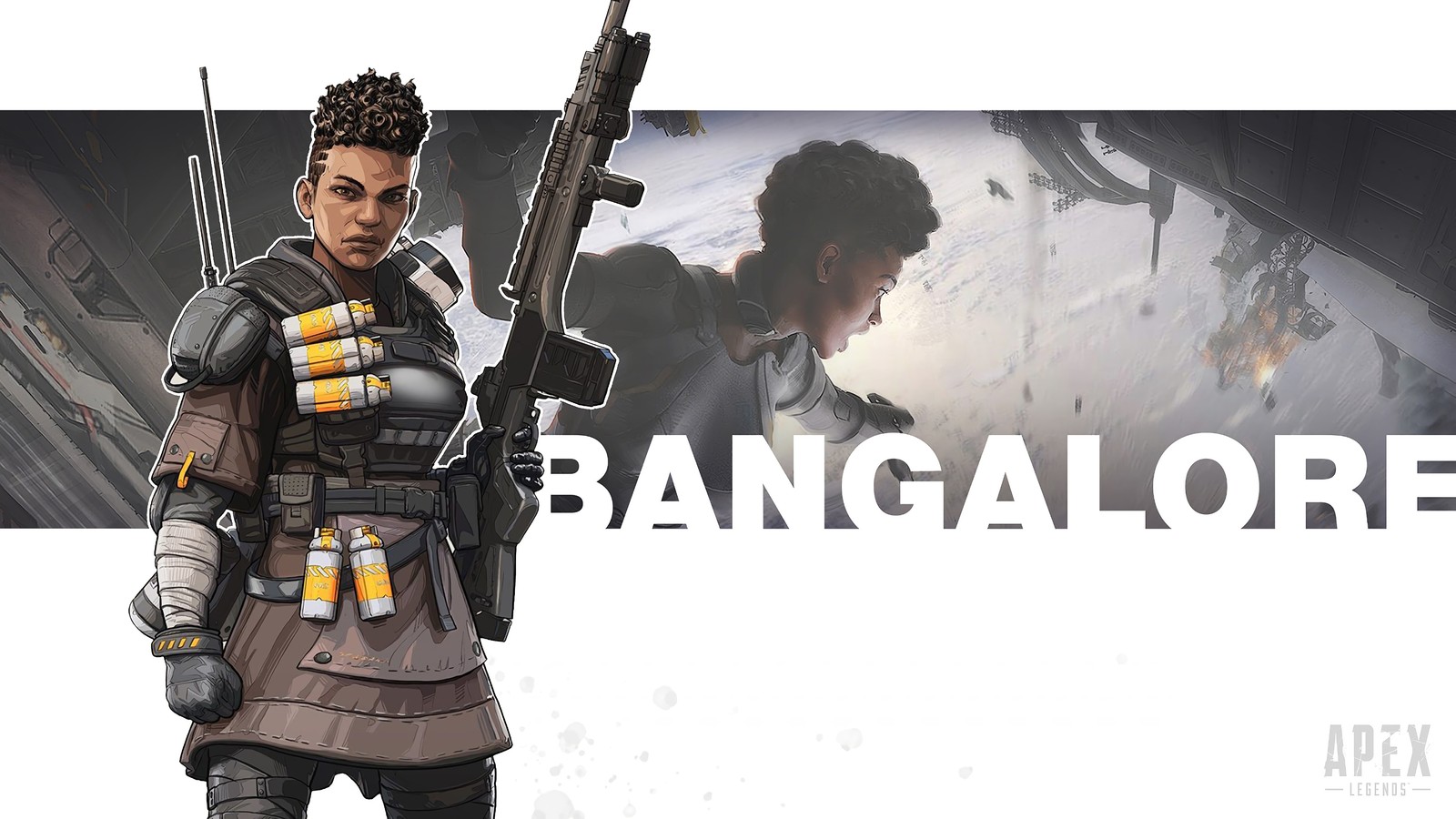 Un primer plano de una persona con un arma y un rifle (apex legends, videojuego, bangalore)