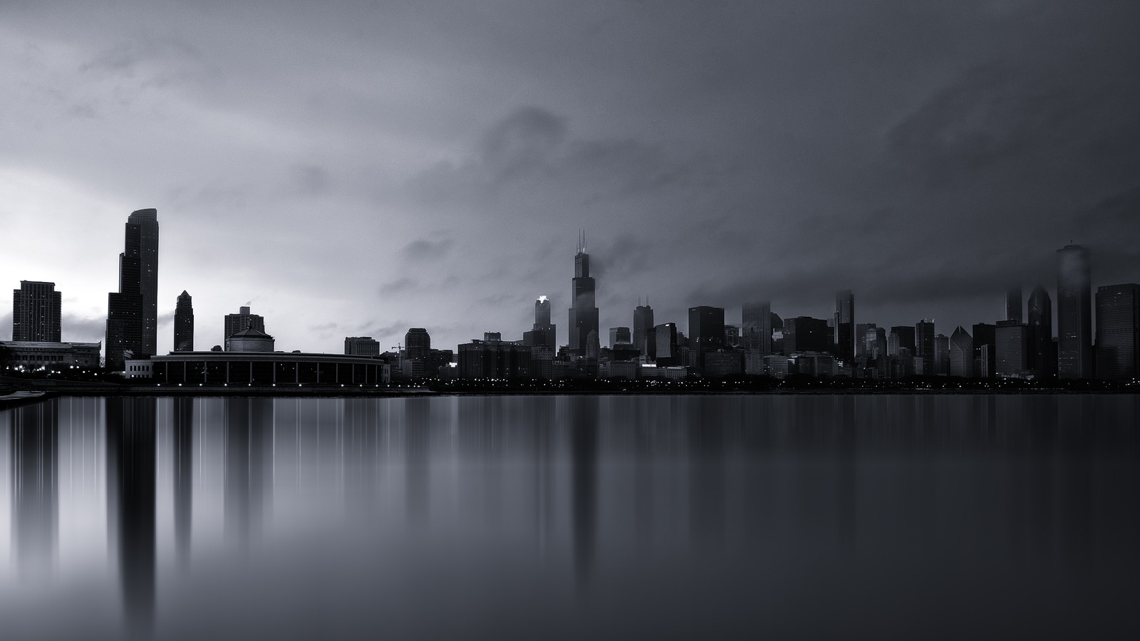 Vista del horizonte de la ciudad con un lago y un puente (panorama, chicago, arquitectura, paisaje urbano, ciudad)