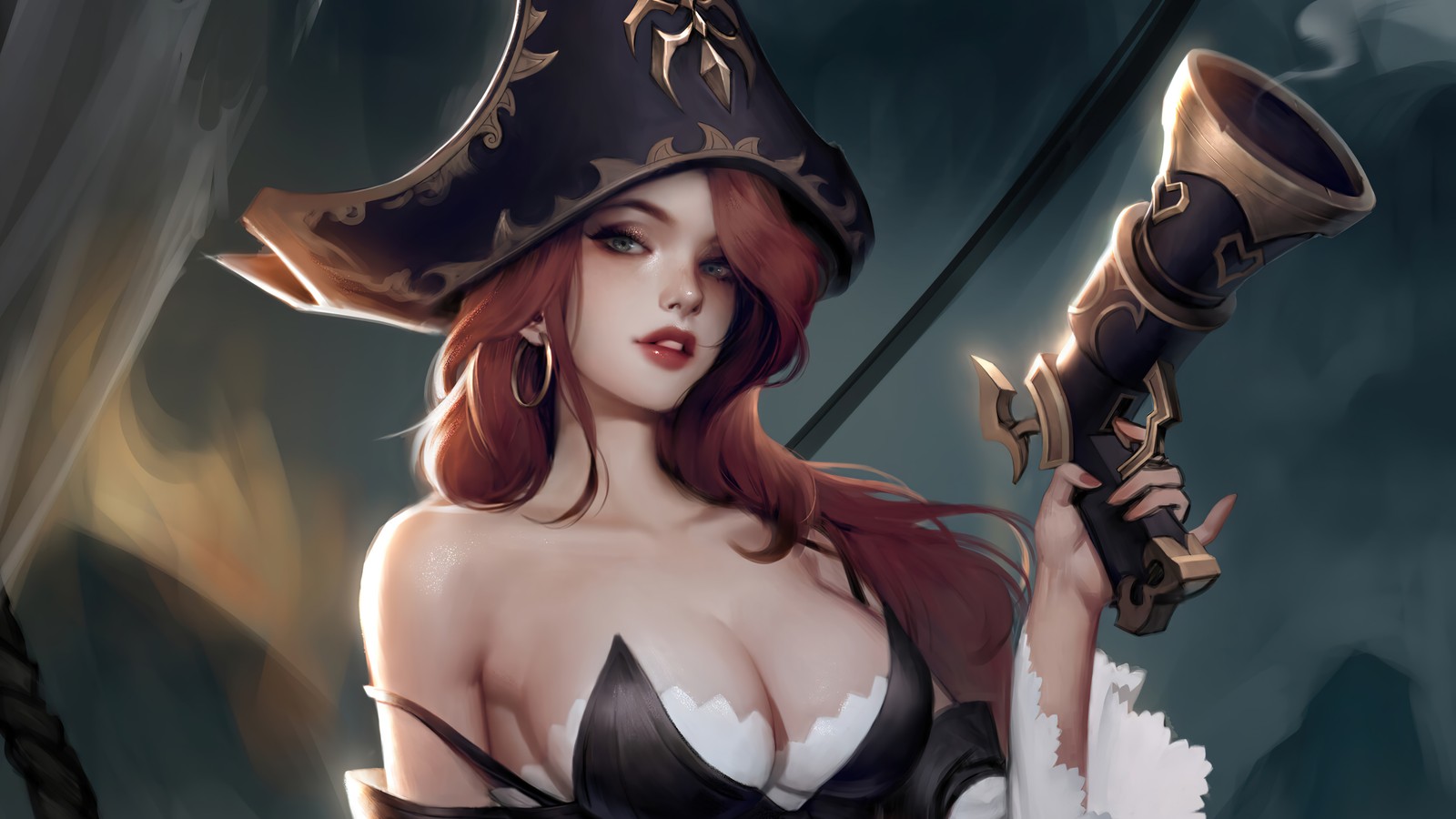 Женщина в пиратской шляпе держит оружие (мисс фортуна, miss fortune, lol, league of legends, видеоигра)