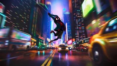 Miles Morales swinging through a vibrant, bustling cityscape illuminated by neon lights.