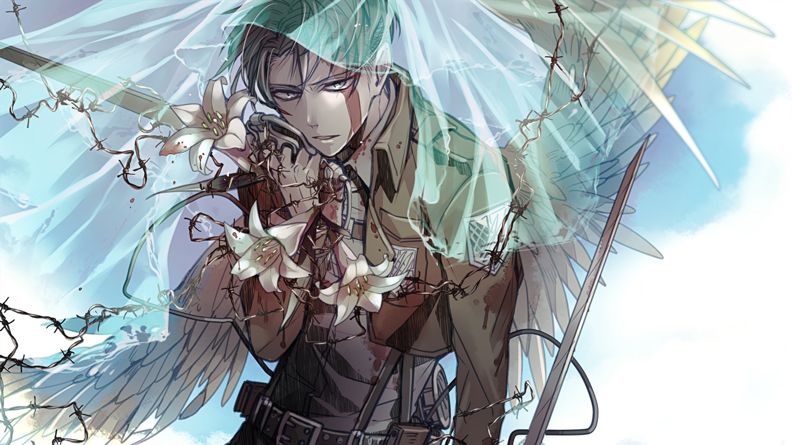 Anime girl with umbrella and flowers in her hand (levi ackerman, attack on titan, shingeki no kyojin, anime)