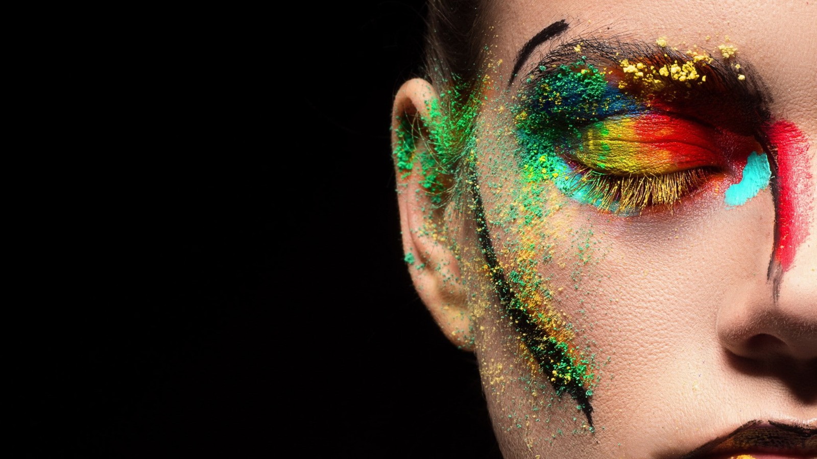 A close up of a woman with a colorful face paint (makeup, beauty, beauty parlour, hair, lip)