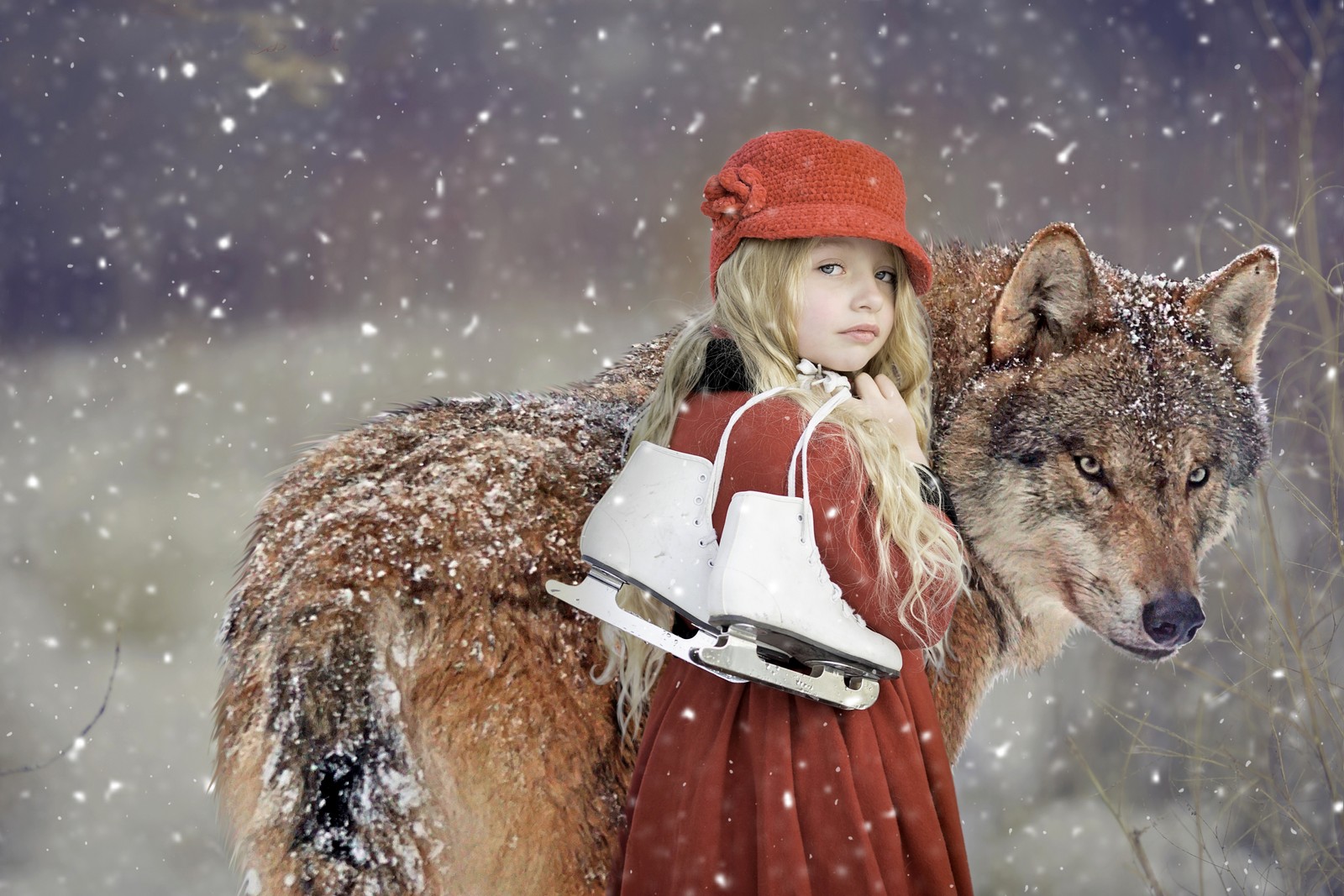 cute girl, wolf, snowfall, winter, pet wallpaper