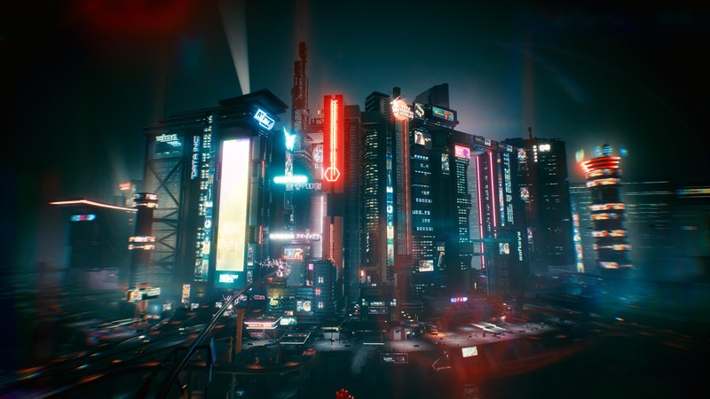 Крупный план города ночью с множеством огней (киберпанк, cyberpunk 2077, киберпанк 2020, cyberpunk 2020, городской пейзаж)