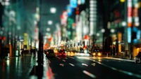 Vibrant Tokyo Night: A Blurred Cityscape of Downtown Traffic and Neon Lights