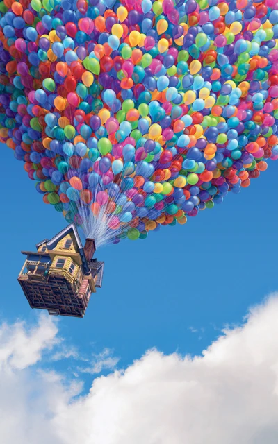 Aventura de Globos Coloridos: Una Casa Se Eleva en un Cielo Azul