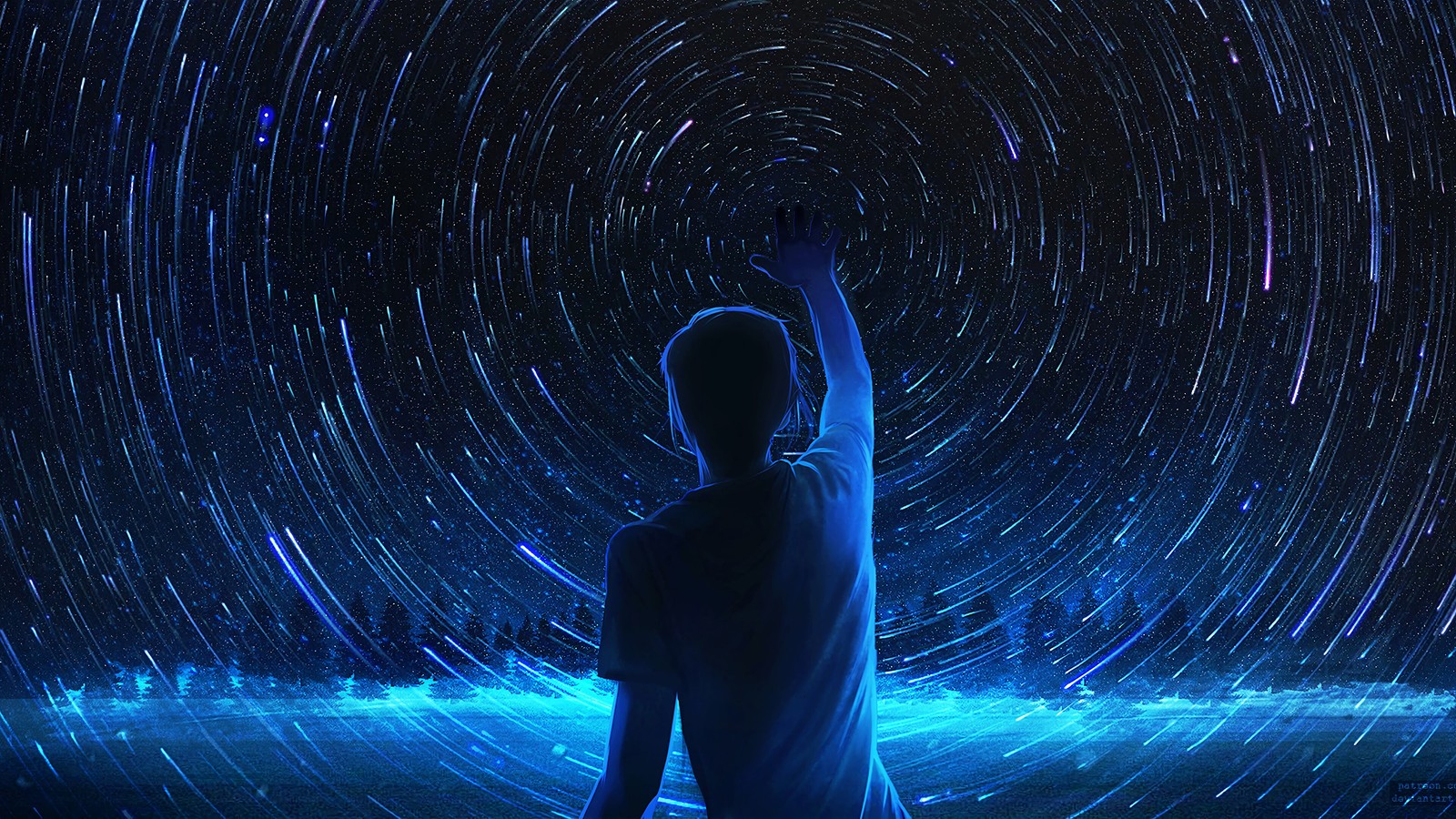 Arafed image of a person standing in front of a star trail (digital art, stars, starry, night, sky)